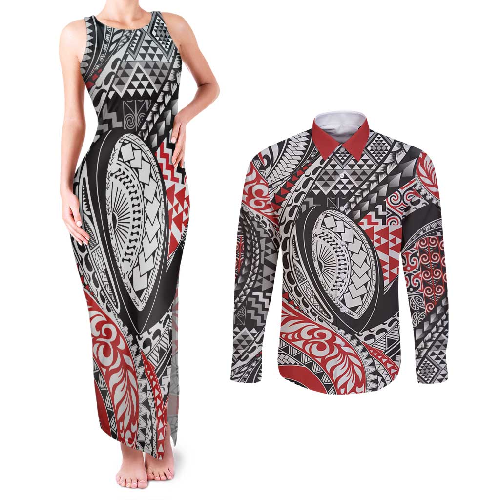 Aotearoa Maori Rugby Tribal Tattoo Couples Matching Tank Maxi Dress and Long Sleeve Button Shirt Kowhaiwhai Taniko Patchwork Motifs LT9 Red - Polynesian Pride