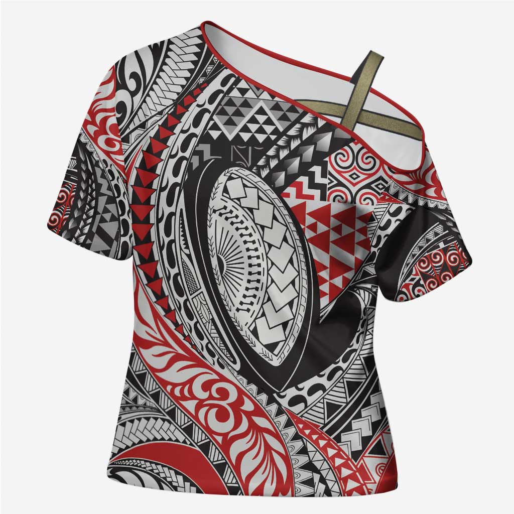 Aotearoa Maori Rugby Tribal Tattoo Cross Shoulder Shirt Kowhaiwhai Taniko Patchwork Motifs LT9 Female Red - Polynesian Pride