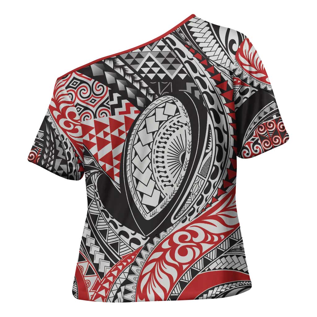 Aotearoa Maori Rugby Tribal Tattoo Cross Shoulder Shirt Kowhaiwhai Taniko Patchwork Motifs LT9 - Polynesian Pride