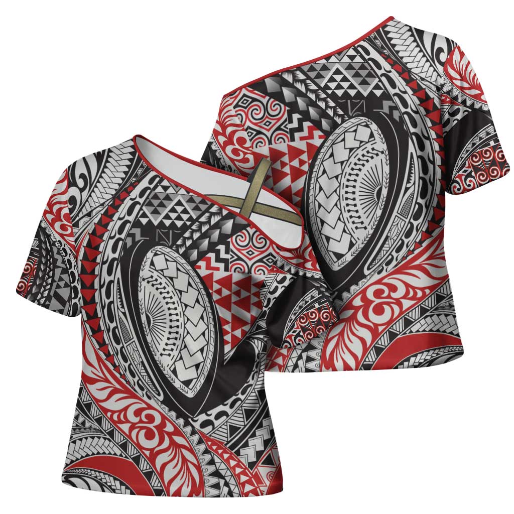 Aotearoa Maori Rugby Tribal Tattoo Cross Shoulder Shirt Kowhaiwhai Taniko Patchwork Motifs LT9 - Polynesian Pride