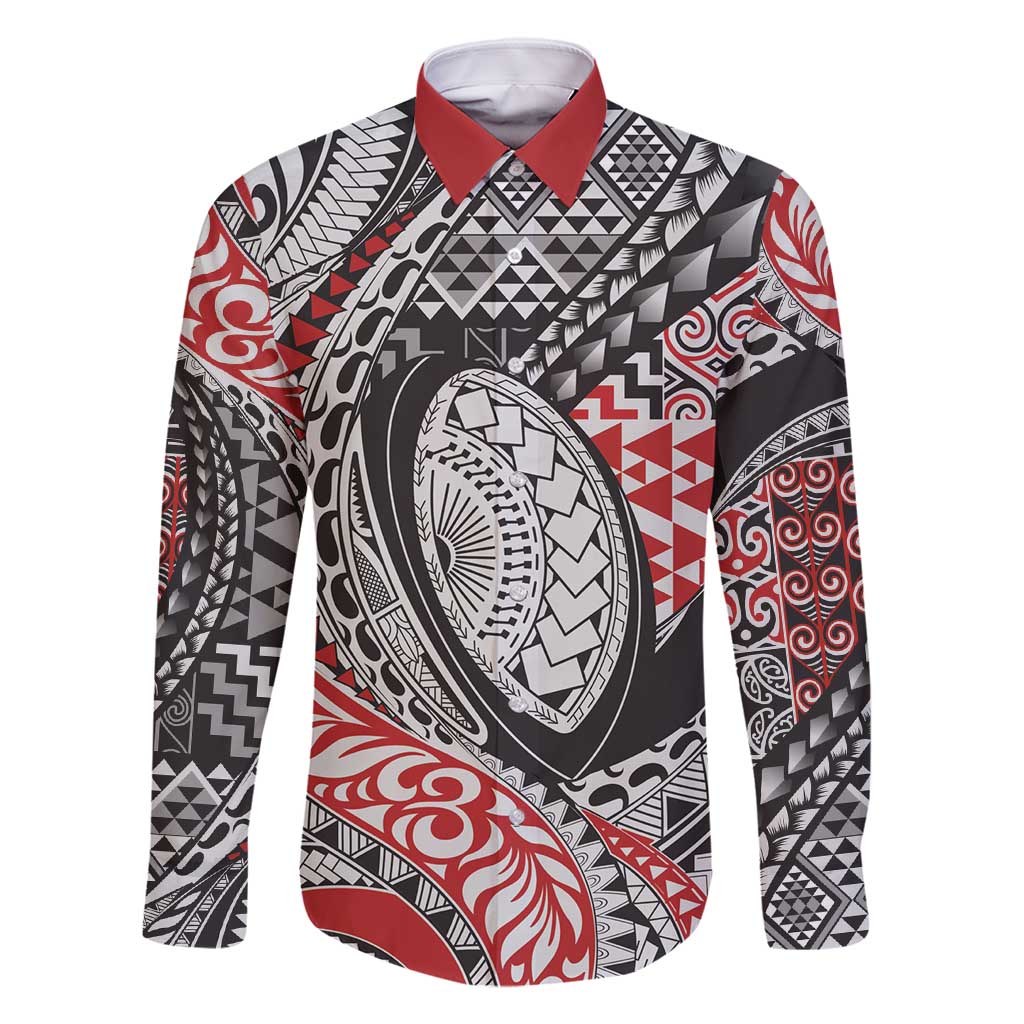 Aotearoa Maori Rugby Tribal Tattoo Family Matching Mermaid Dress and Hawaiian Shirt Kowhaiwhai Taniko Patchwork Motifs LT9 Dad's Shirt - Long Sleeve Red - Polynesian Pride