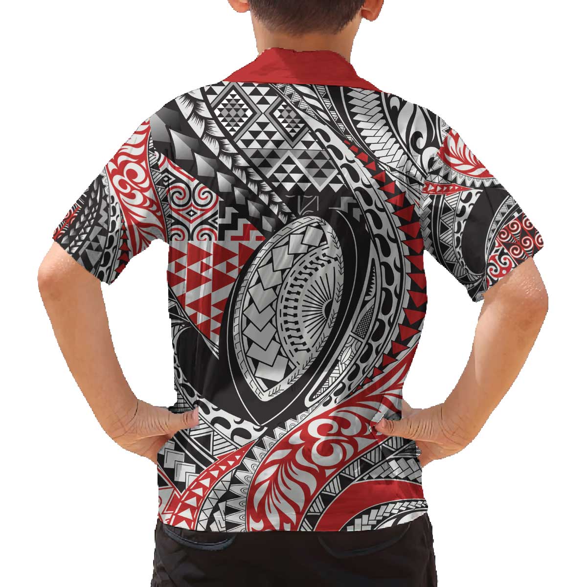 Aotearoa Maori Rugby Tribal Tattoo Family Matching Off The Shoulder Long Sleeve Dress and Hawaiian Shirt Kowhaiwhai Taniko Patchwork Motifs LT9 - Polynesian Pride