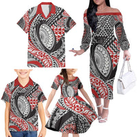 Aotearoa Maori Rugby Tribal Tattoo Family Matching Off The Shoulder Long Sleeve Dress and Hawaiian Shirt Kowhaiwhai Taniko Patchwork Motifs LT9 - Polynesian Pride