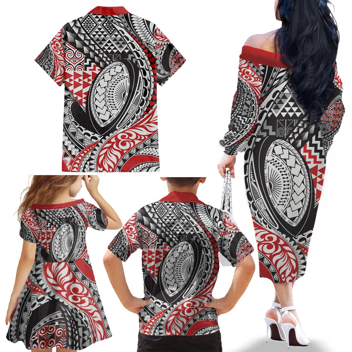 Aotearoa Maori Rugby Tribal Tattoo Family Matching Off The Shoulder Long Sleeve Dress and Hawaiian Shirt Kowhaiwhai Taniko Patchwork Motifs LT9 - Polynesian Pride