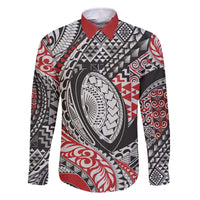 Aotearoa Maori Rugby Tribal Tattoo Family Matching Off The Shoulder Long Sleeve Dress and Hawaiian Shirt Kowhaiwhai Taniko Patchwork Motifs LT9 Dad's Shirt - Long Sleeve Red - Polynesian Pride