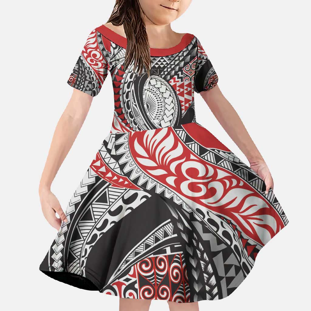 Aotearoa Maori Rugby Tribal Tattoo Family Matching Off Shoulder Maxi Dress and Hawaiian Shirt Kowhaiwhai Taniko Patchwork Motifs LT9 Daughter's Dress Red - Polynesian Pride