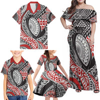 Aotearoa Maori Rugby Tribal Tattoo Family Matching Off Shoulder Maxi Dress and Hawaiian Shirt Kowhaiwhai Taniko Patchwork Motifs LT9 - Polynesian Pride