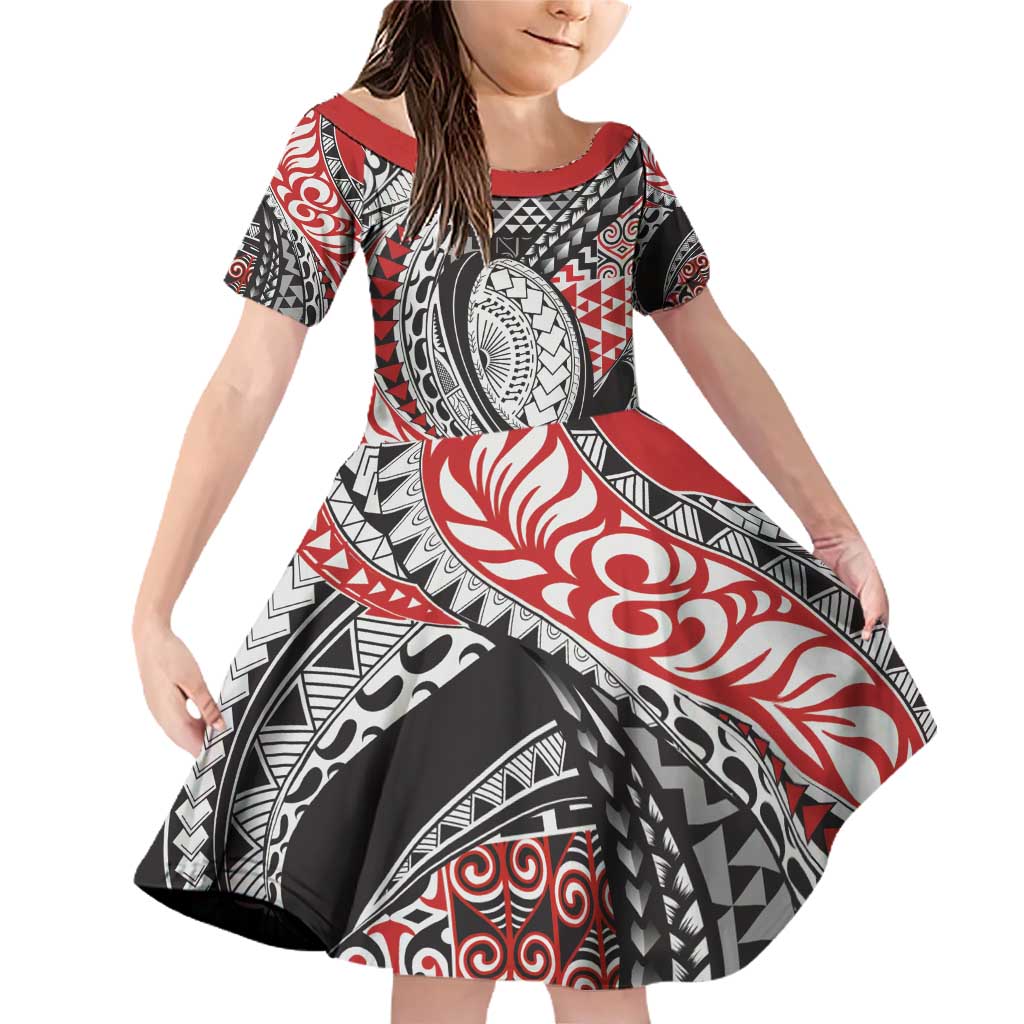 Aotearoa Maori Rugby Tribal Tattoo Family Matching Off Shoulder Short Dress and Hawaiian Shirt Kowhaiwhai Taniko Patchwork Motifs LT9 Daughter's Dress Red - Polynesian Pride