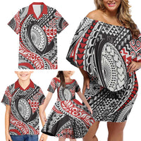 Aotearoa Maori Rugby Tribal Tattoo Family Matching Off Shoulder Short Dress and Hawaiian Shirt Kowhaiwhai Taniko Patchwork Motifs LT9 - Polynesian Pride