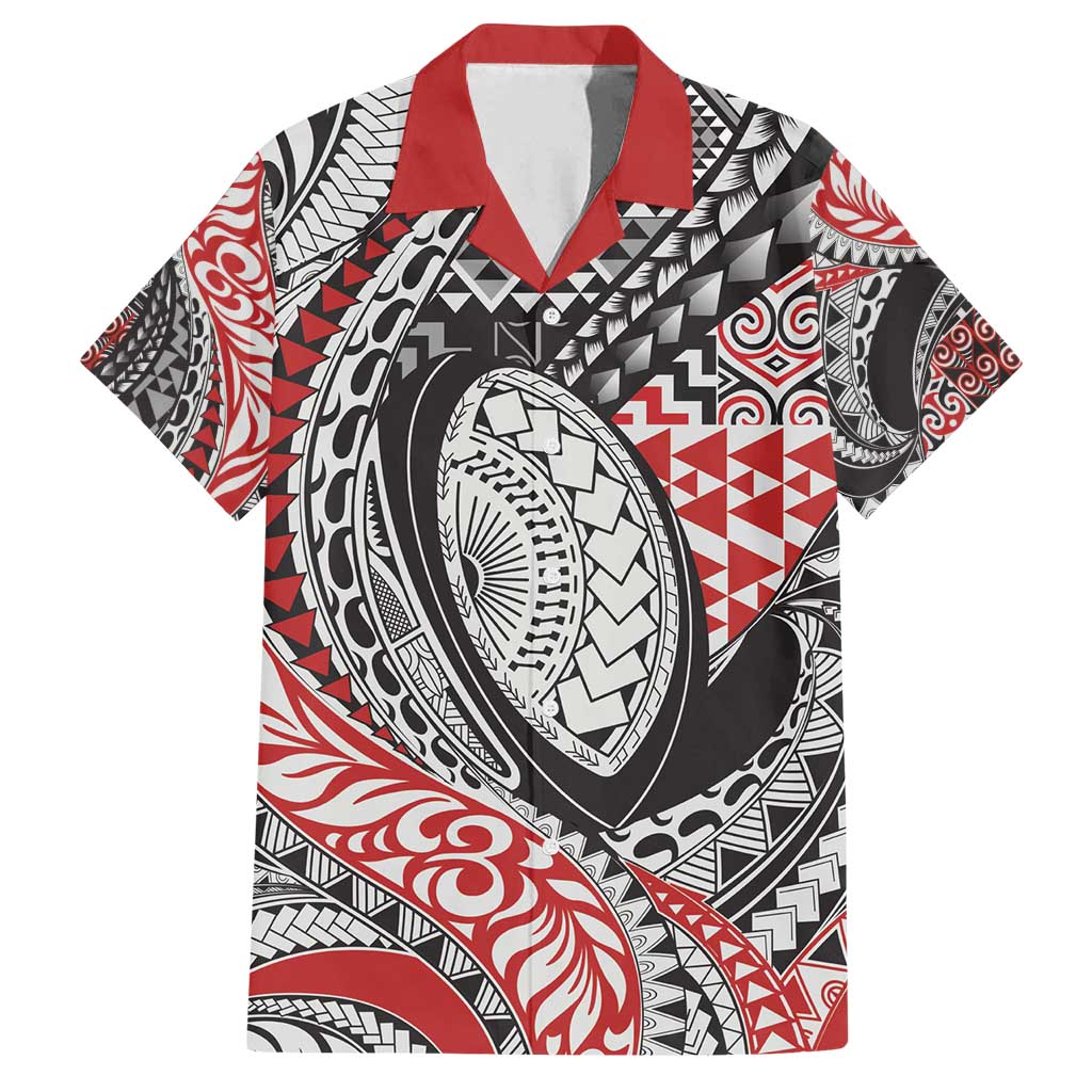 Aotearoa Maori Rugby Tribal Tattoo Family Matching Off Shoulder Short Dress and Hawaiian Shirt Kowhaiwhai Taniko Patchwork Motifs LT9 Dad's Shirt - Short Sleeve Red - Polynesian Pride