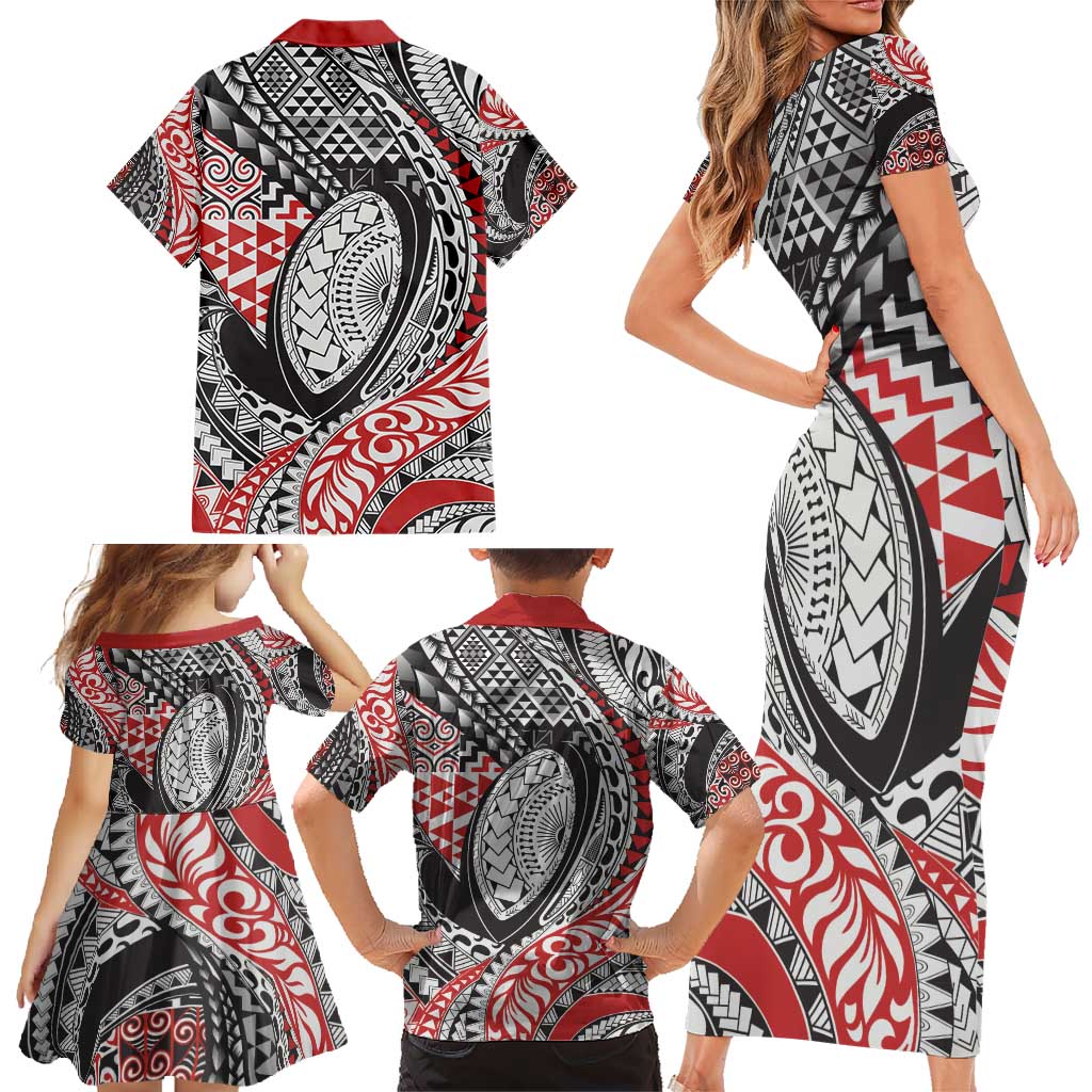Aotearoa Maori Rugby Tribal Tattoo Family Matching Short Sleeve Bodycon Dress and Hawaiian Shirt Kowhaiwhai Taniko Patchwork Motifs LT9 - Polynesian Pride