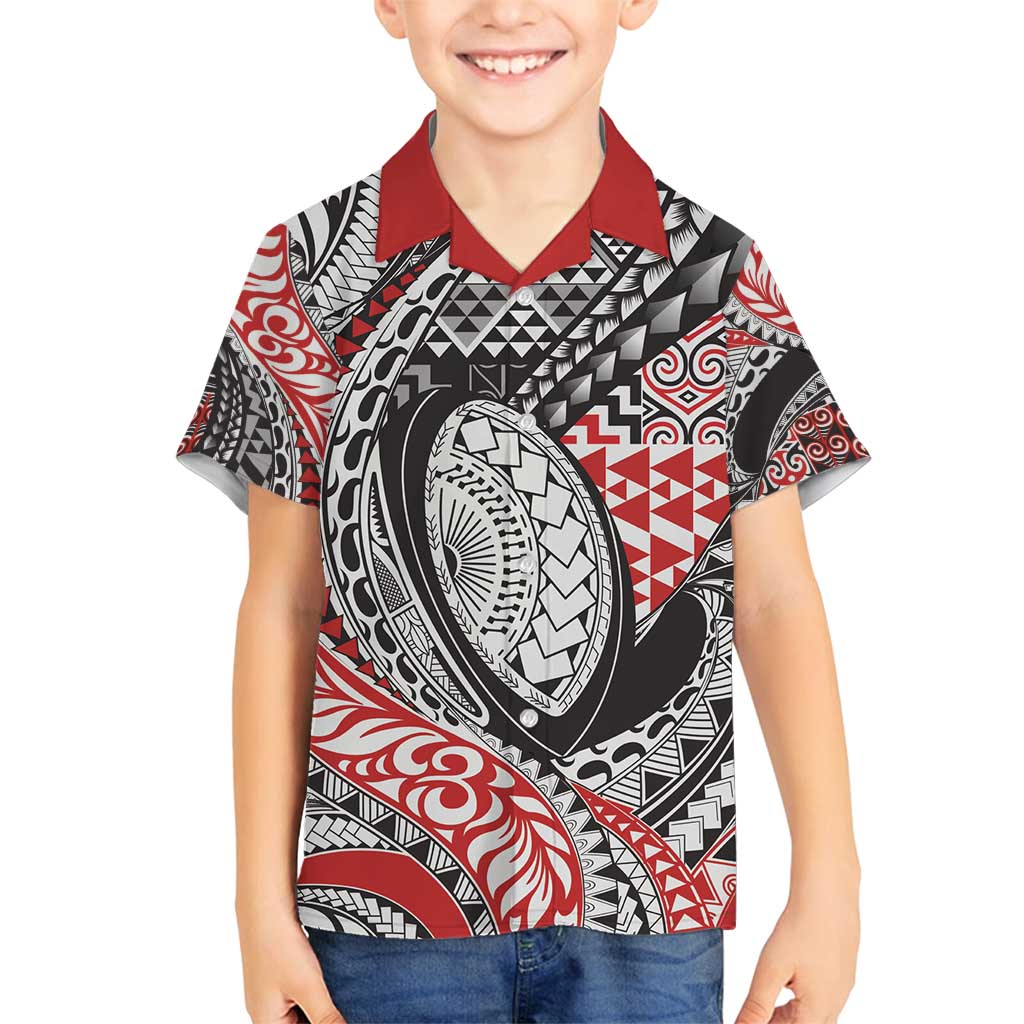 Aotearoa Maori Rugby Tribal Tattoo Family Matching Summer Maxi Dress and Hawaiian Shirt Kowhaiwhai Taniko Patchwork Motifs LT9 Son's Shirt Red - Polynesian Pride