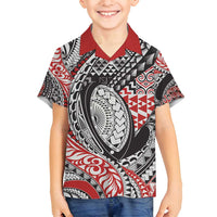 Aotearoa Maori Rugby Tribal Tattoo Family Matching Summer Maxi Dress and Hawaiian Shirt Kowhaiwhai Taniko Patchwork Motifs LT9 Son's Shirt Red - Polynesian Pride