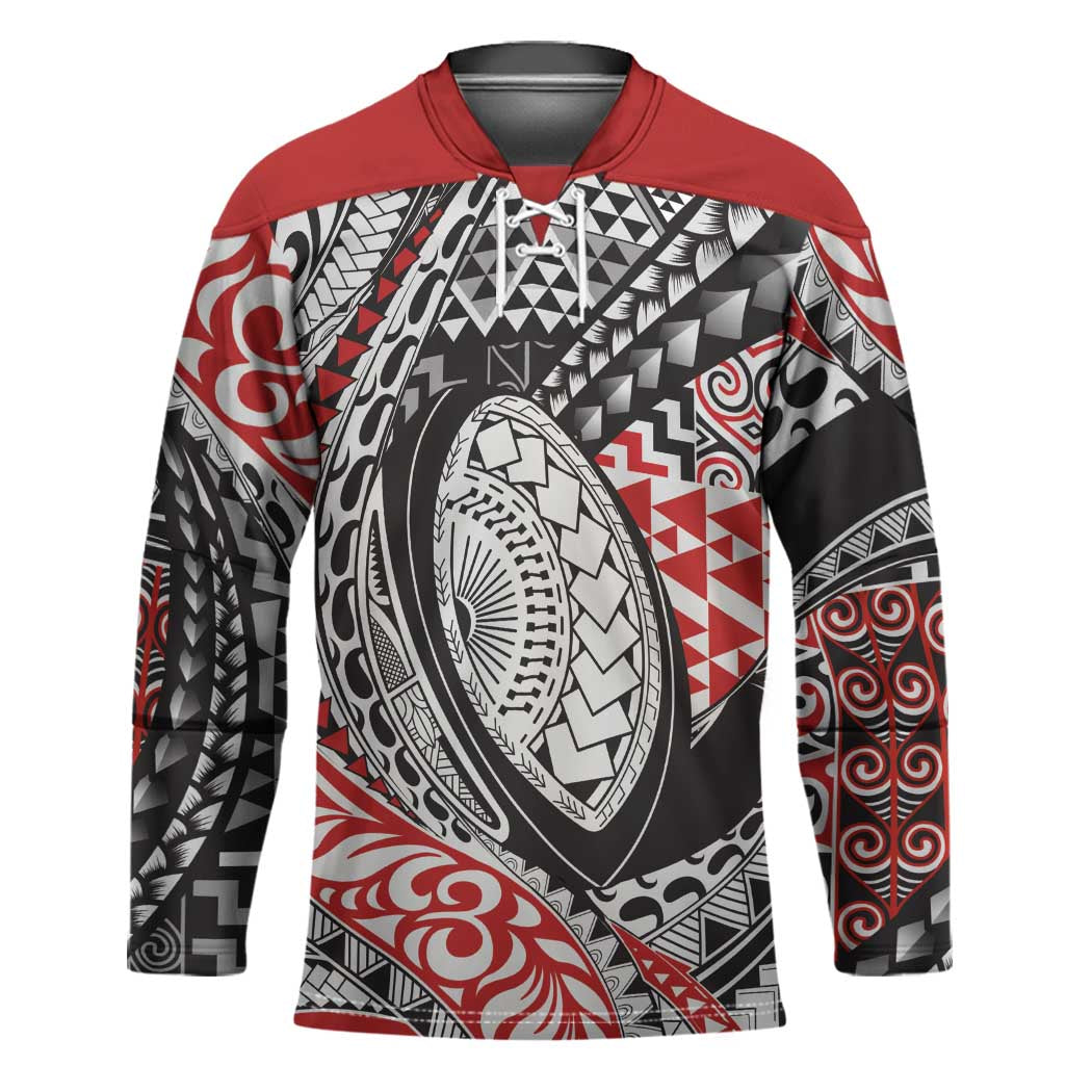 Aotearoa Maori Rugby Tribal Tattoo Hockey Jersey Kowhaiwhai Taniko Patchwork Motifs LT9 Unisex Red - Polynesian Pride