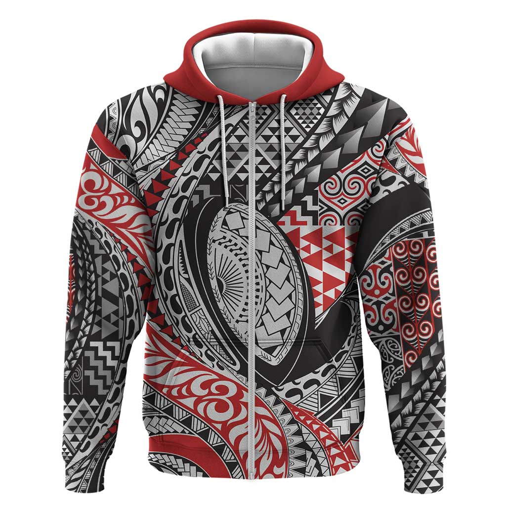 Aotearoa Maori Rugby Tribal Tattoo Hoodie Kowhaiwhai Taniko Patchwork Motifs LT9 Zip Hoodie Red - Polynesian Pride