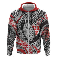 Aotearoa Maori Rugby Tribal Tattoo Hoodie Kowhaiwhai Taniko Patchwork Motifs LT9 Zip Hoodie Red - Polynesian Pride