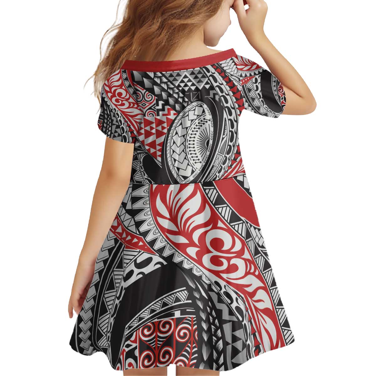 Aotearoa Maori Rugby Tribal Tattoo Kid Short Sleeve Dress Kowhaiwhai Taniko Patchwork Motifs LT9 - Polynesian Pride