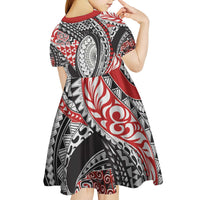 Aotearoa Maori Rugby Tribal Tattoo Kid Short Sleeve Dress Kowhaiwhai Taniko Patchwork Motifs LT9 - Polynesian Pride