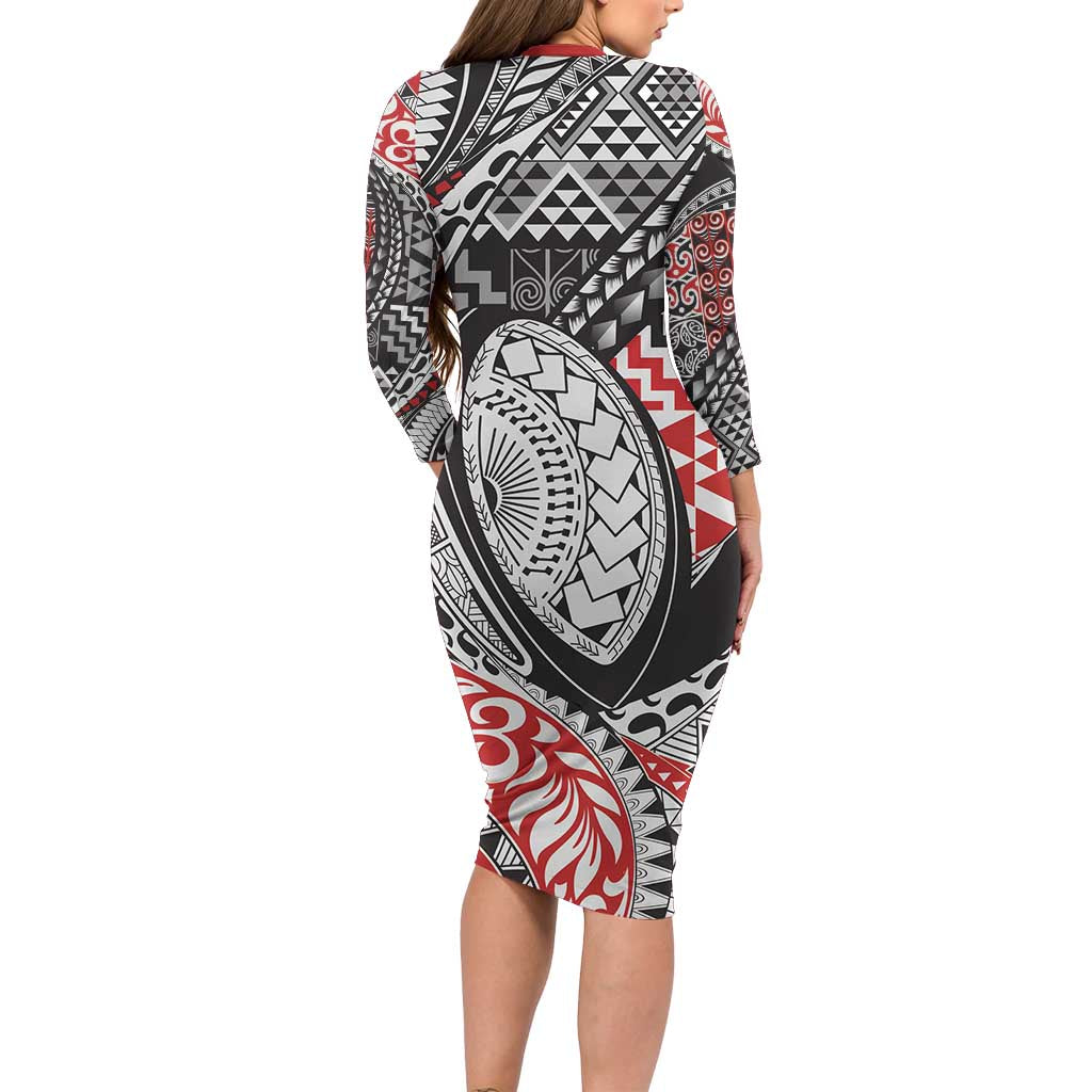 Aotearoa Maori Rugby Tribal Tattoo Long Sleeve Bodycon Dress Kowhaiwhai Taniko Patchwork Motifs LT9 - Polynesian Pride
