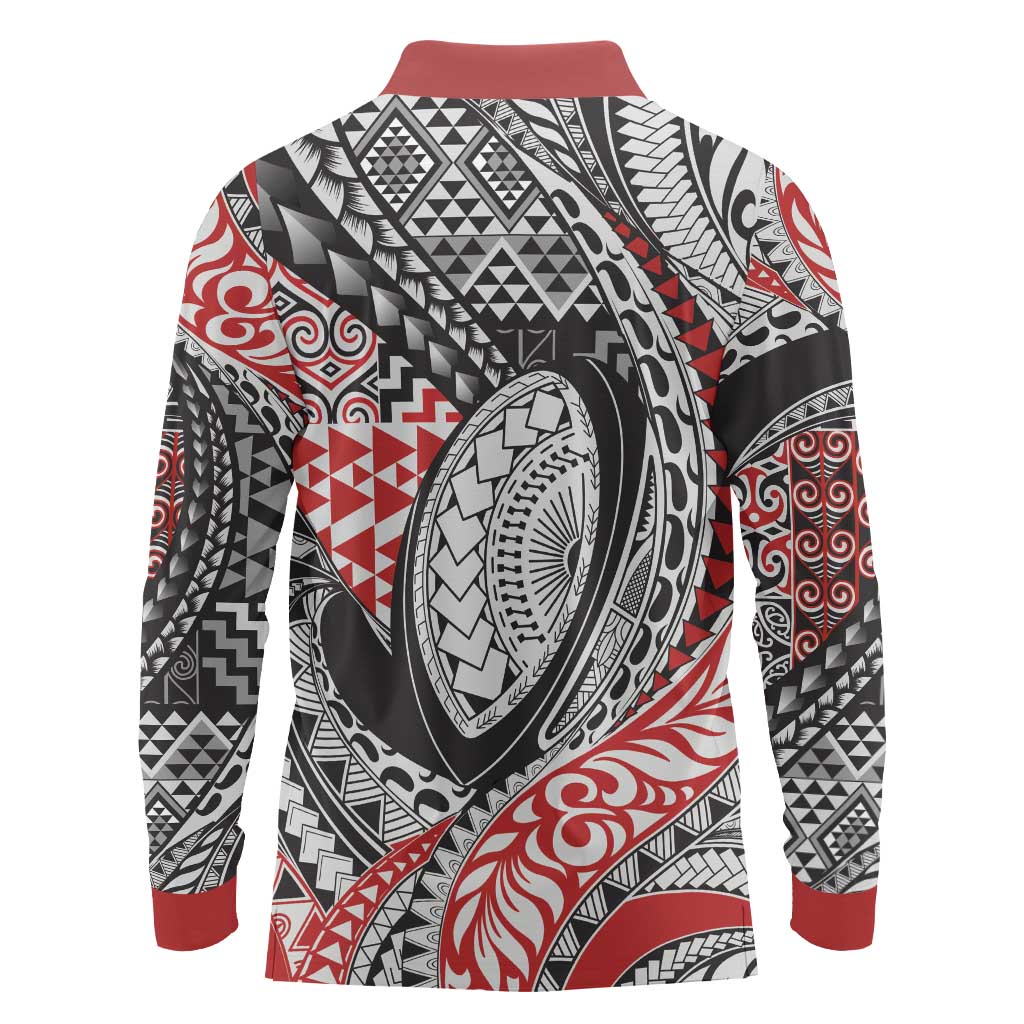 Aotearoa Maori Rugby Tribal Tattoo Long Sleeve Polo Shirt Kowhaiwhai Taniko Patchwork Motifs LT9 - Polynesian Pride
