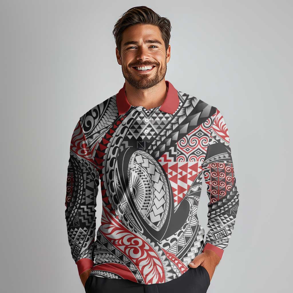 Aotearoa Maori Rugby Tribal Tattoo Long Sleeve Polo Shirt Kowhaiwhai Taniko Patchwork Motifs LT9 - Polynesian Pride