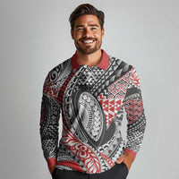 Aotearoa Maori Rugby Tribal Tattoo Long Sleeve Polo Shirt Kowhaiwhai Taniko Patchwork Motifs LT9 - Polynesian Pride