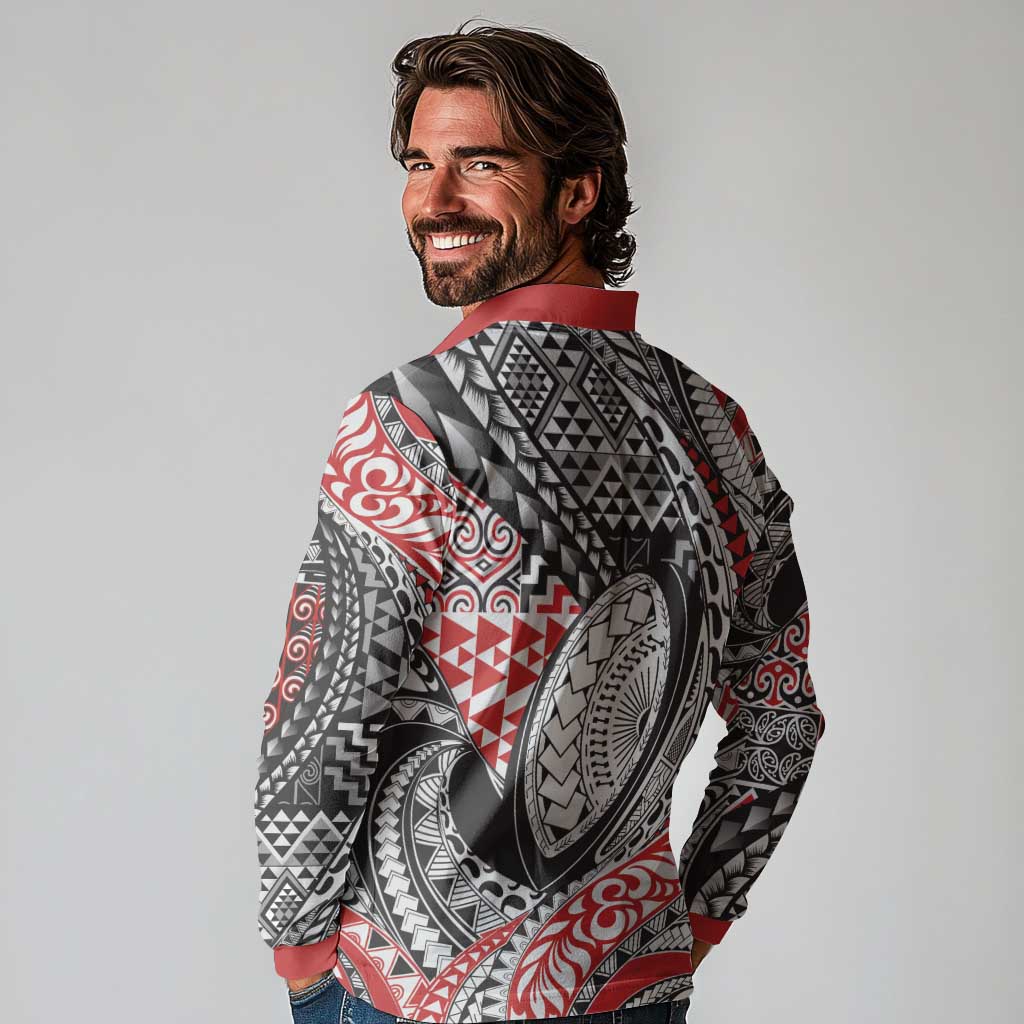 Aotearoa Maori Rugby Tribal Tattoo Long Sleeve Polo Shirt Kowhaiwhai Taniko Patchwork Motifs LT9 - Polynesian Pride