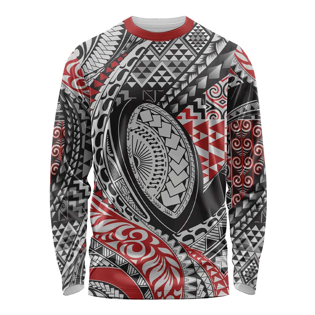 Aotearoa Maori Rugby Tribal Tattoo Long Sleeve Shirt Kowhaiwhai Taniko Patchwork Motifs LT9 Unisex Red - Polynesian Pride