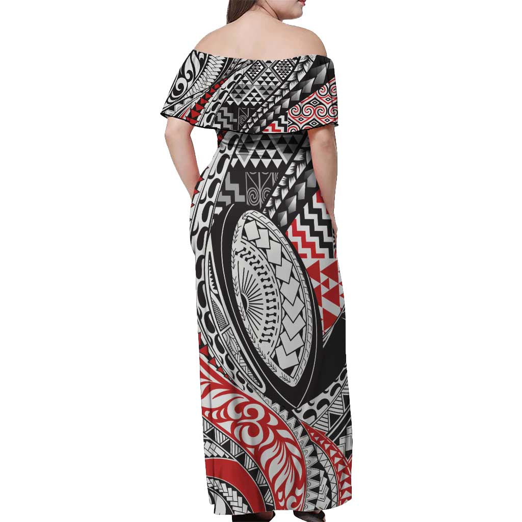 Aotearoa Maori Rugby Tribal Tattoo Off Shoulder Maxi Dress Kowhaiwhai Taniko Patchwork Motifs LT9 - Polynesian Pride