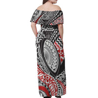 Aotearoa Maori Rugby Tribal Tattoo Off Shoulder Maxi Dress Kowhaiwhai Taniko Patchwork Motifs LT9 - Polynesian Pride