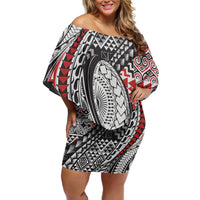 Aotearoa Maori Rugby Tribal Tattoo Off Shoulder Short Dress Kowhaiwhai Taniko Patchwork Motifs LT9 Women Red - Polynesian Pride