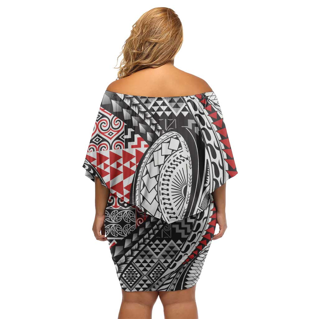 Aotearoa Maori Rugby Tribal Tattoo Off Shoulder Short Dress Kowhaiwhai Taniko Patchwork Motifs LT9 - Polynesian Pride