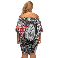 Aotearoa Maori Rugby Tribal Tattoo Off Shoulder Short Dress Kowhaiwhai Taniko Patchwork Motifs LT9 - Polynesian Pride