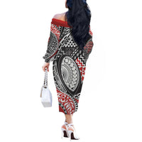 Aotearoa Maori Rugby Tribal Tattoo Off The Shoulder Long Sleeve Dress Kowhaiwhai Taniko Patchwork Motifs LT9 - Polynesian Pride