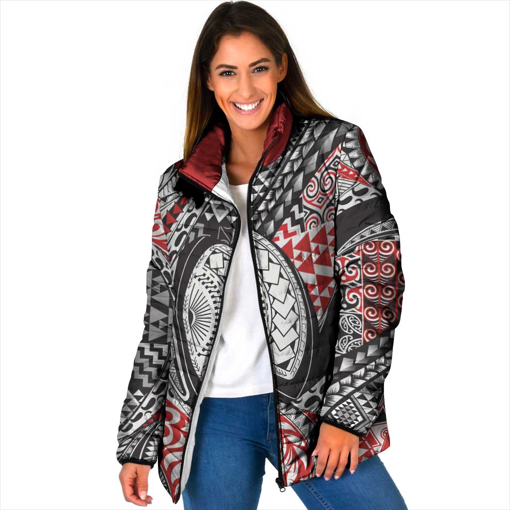 Aotearoa Maori Rugby Tribal Tattoo Padded Jacket Kowhaiwhai Taniko Patchwork Motifs - Polynesian Pride