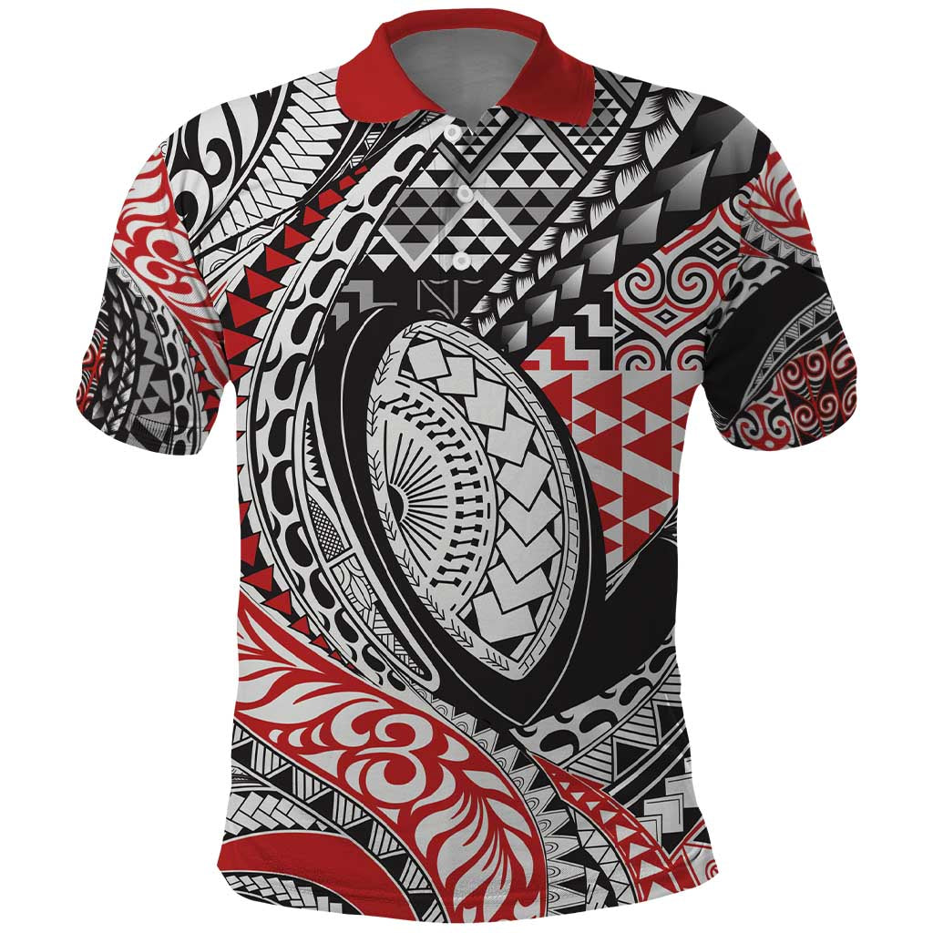 Aotearoa Maori Rugby Tribal Tattoo Polo Shirt Kowhaiwhai Taniko Patchwork Motifs LT9 Red - Polynesian Pride