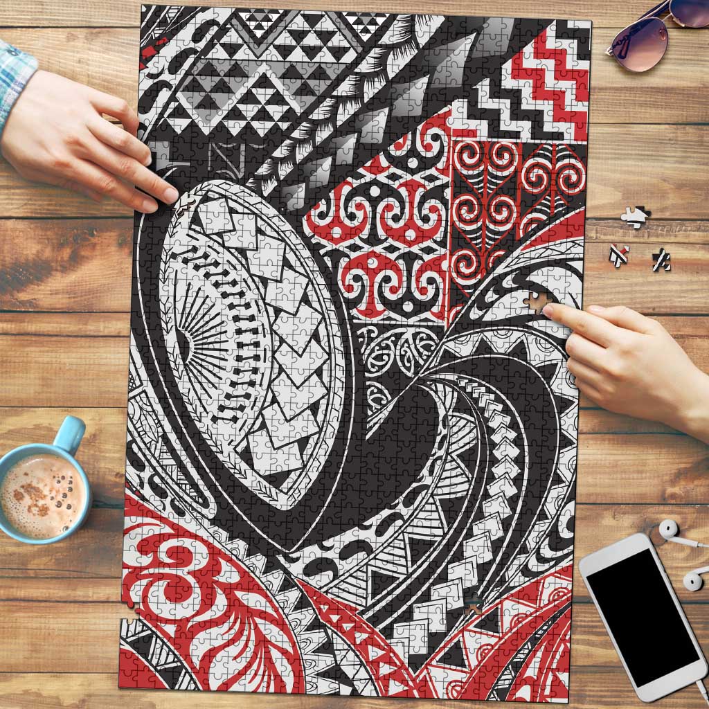 Aotearoa Maori Rugby Tribal Tattoo Puzzle Kowhaiwhai Taniko Patchwork Motifs LT9 Red - Polynesian Pride