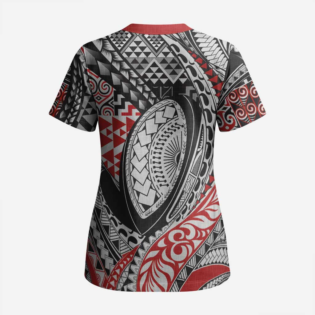 Aotearoa Maori Rugby Tribal Tattoo Scrub Top Kowhaiwhai Taniko Patchwork Motifs - Polynesian Pride