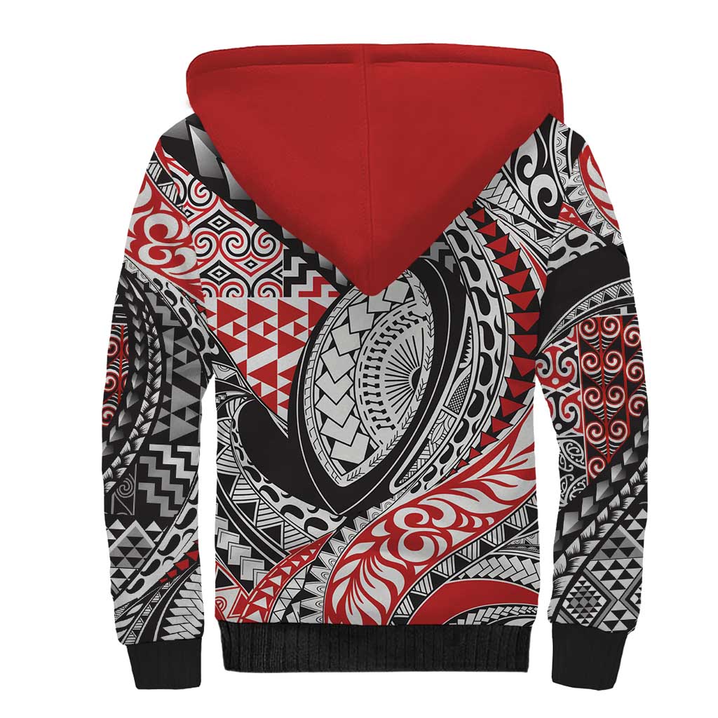Aotearoa Maori Rugby Tribal Tattoo Sherpa Hoodie Kowhaiwhai Taniko Patchwork Motifs LT9 - Polynesian Pride