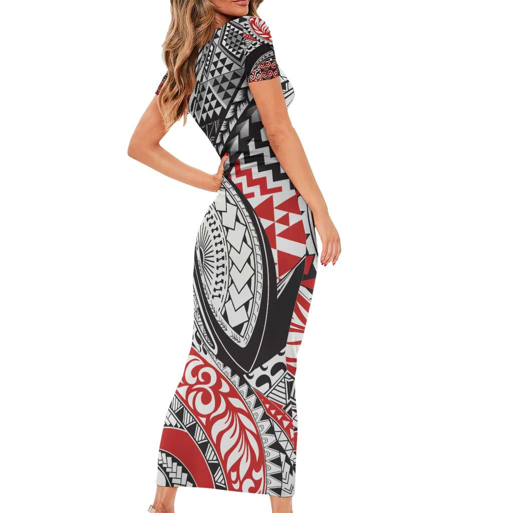 Aotearoa Maori Rugby Tribal Tattoo Short Sleeve Bodycon Dress Kowhaiwhai Taniko Patchwork Motifs LT9 - Polynesian Pride