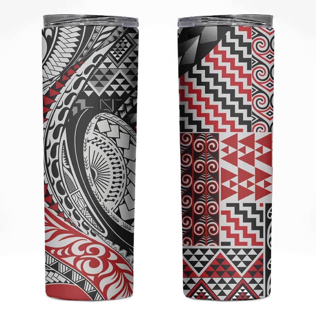 Aotearoa Maori Rugby Tribal Tattoo Skinny Tumbler Kowhaiwhai Taniko Patchwork Motifs LT9 Red - Polynesian Pride
