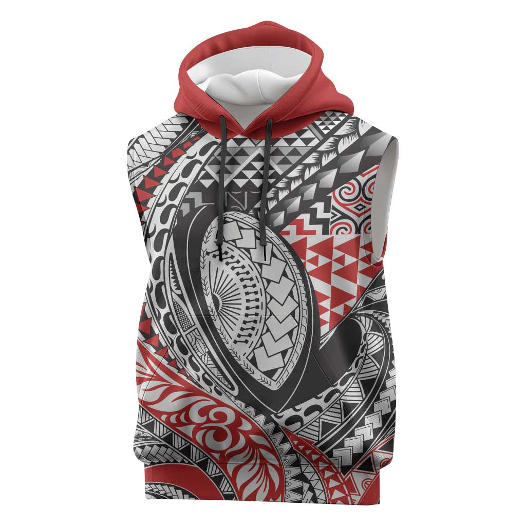 Aotearoa Maori Rugby Tribal Tattoo Sleeveless Hoodie Kowhaiwhai Taniko Patchwork Motifs LT9 Red - Polynesian Pride