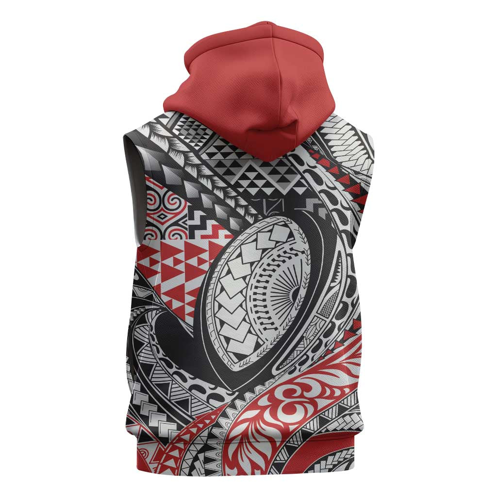 Aotearoa Maori Rugby Tribal Tattoo Sleeveless Hoodie Kowhaiwhai Taniko Patchwork Motifs LT9 - Polynesian Pride