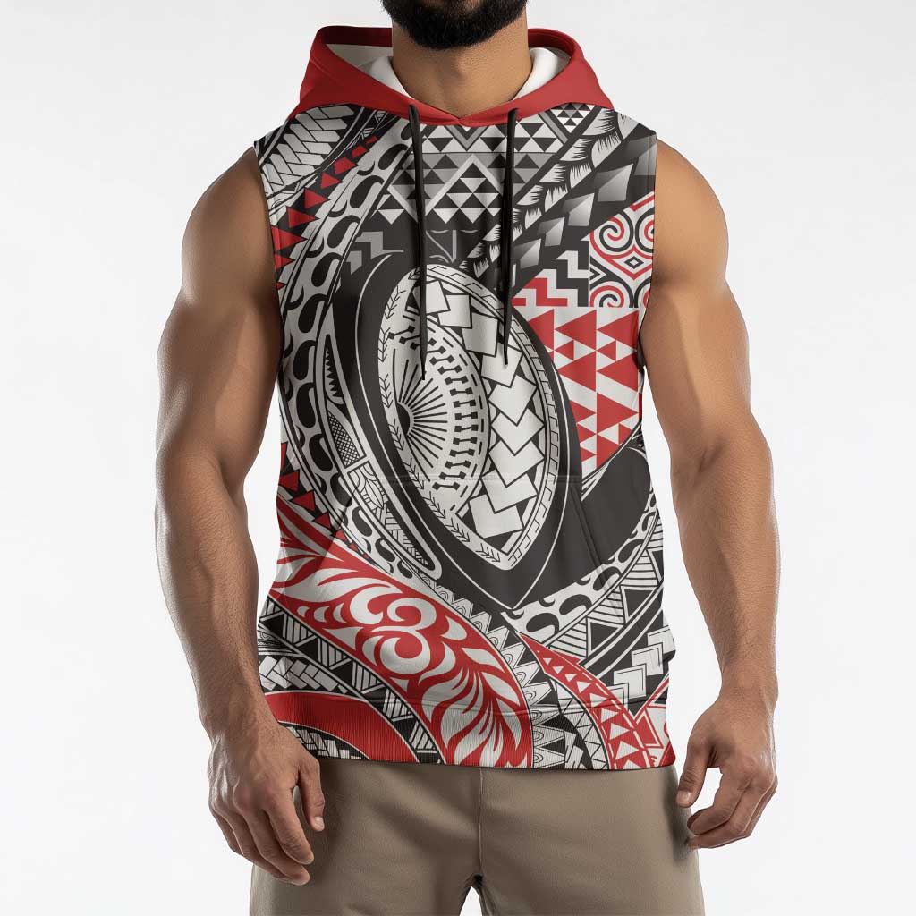 Aotearoa Maori Rugby Tribal Tattoo Sleeveless Hoodie Kowhaiwhai Taniko Patchwork Motifs LT9 - Polynesian Pride