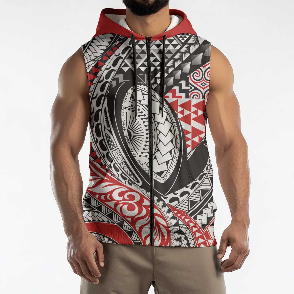 Aotearoa Maori Rugby Tribal Tattoo Sleeveless Zip Hoodie Kowhaiwhai Taniko Patchwork Motifs LT9 - Polynesian Pride