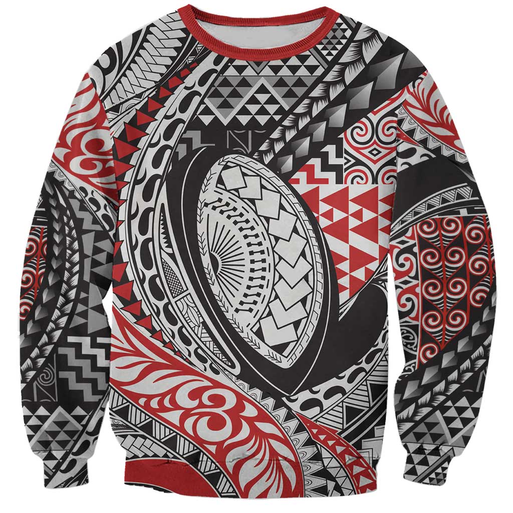 Aotearoa Maori Rugby Tribal Tattoo Sweatshirt Kowhaiwhai Taniko Patchwork Motifs LT9 Unisex Red - Polynesian Pride