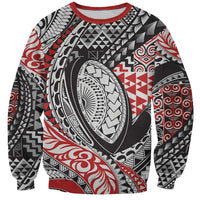 Aotearoa Maori Rugby Tribal Tattoo Sweatshirt Kowhaiwhai Taniko Patchwork Motifs LT9 Unisex Red - Polynesian Pride