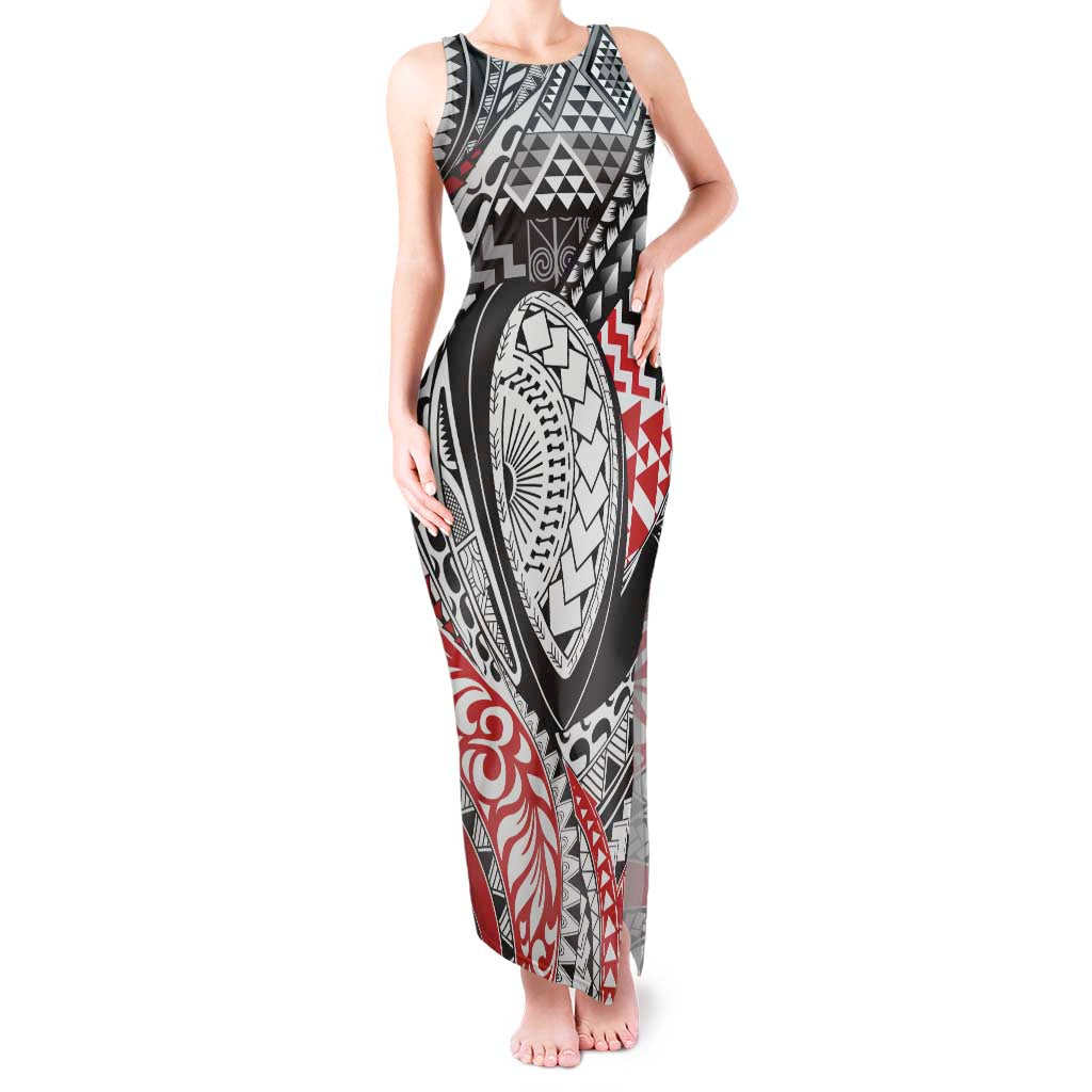 Aotearoa Maori Rugby Tribal Tattoo Tank Maxi Dress Kowhaiwhai Taniko Patchwork Motifs LT9 Women Red - Polynesian Pride