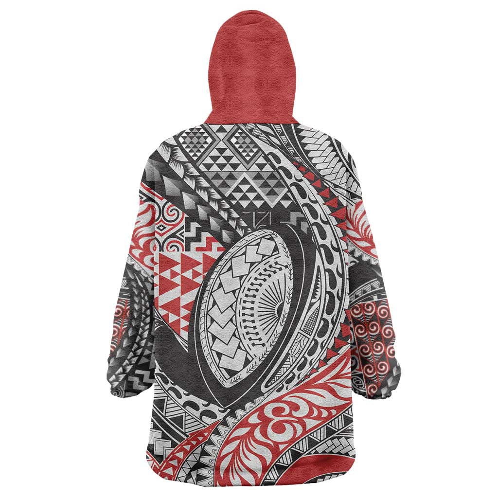 Aotearoa Maori Rugby Tribal Tattoo Wearable Blanket Hoodie Kowhaiwhai Taniko Patchwork Motifs LT9 - Polynesian Pride