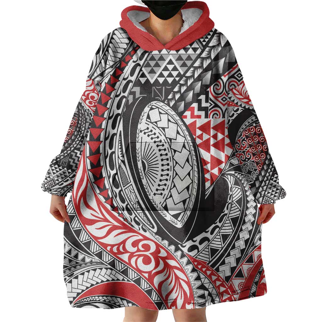 Aotearoa Maori Rugby Tribal Tattoo Wearable Blanket Hoodie Kowhaiwhai Taniko Patchwork Motifs LT9 - Polynesian Pride